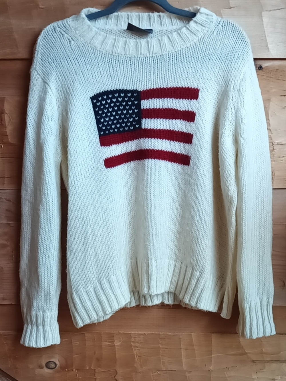 Wooden Ships Cream Crewneck Sweater with Red & Navy Flag XS Oversized
